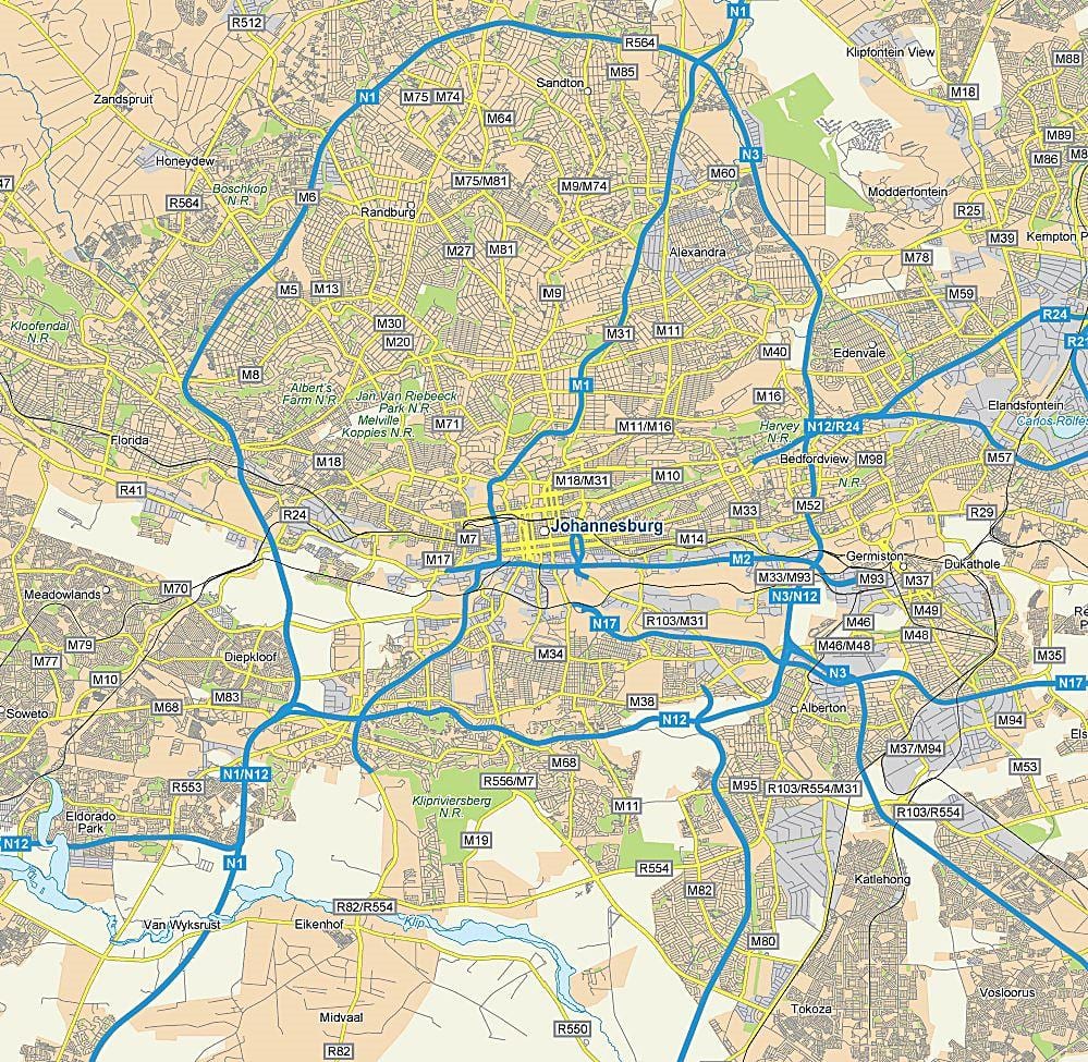 Johannesburg (Joburg Jozi) Straßenkarte