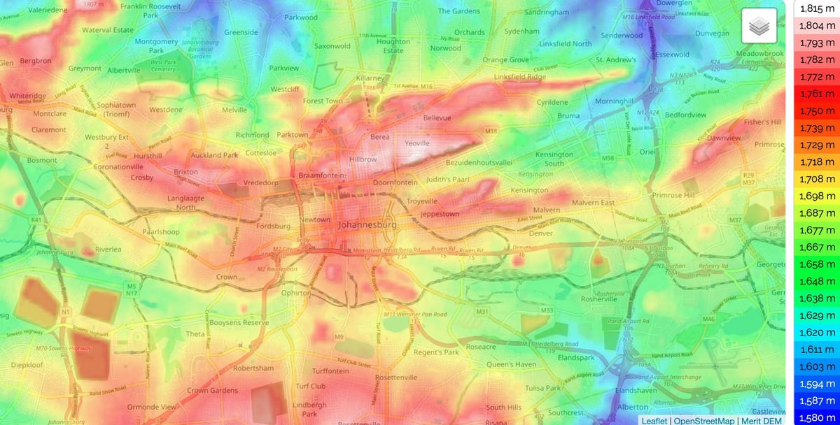 Johannesburg (Joburg Jozi) Höhenprofilkarte